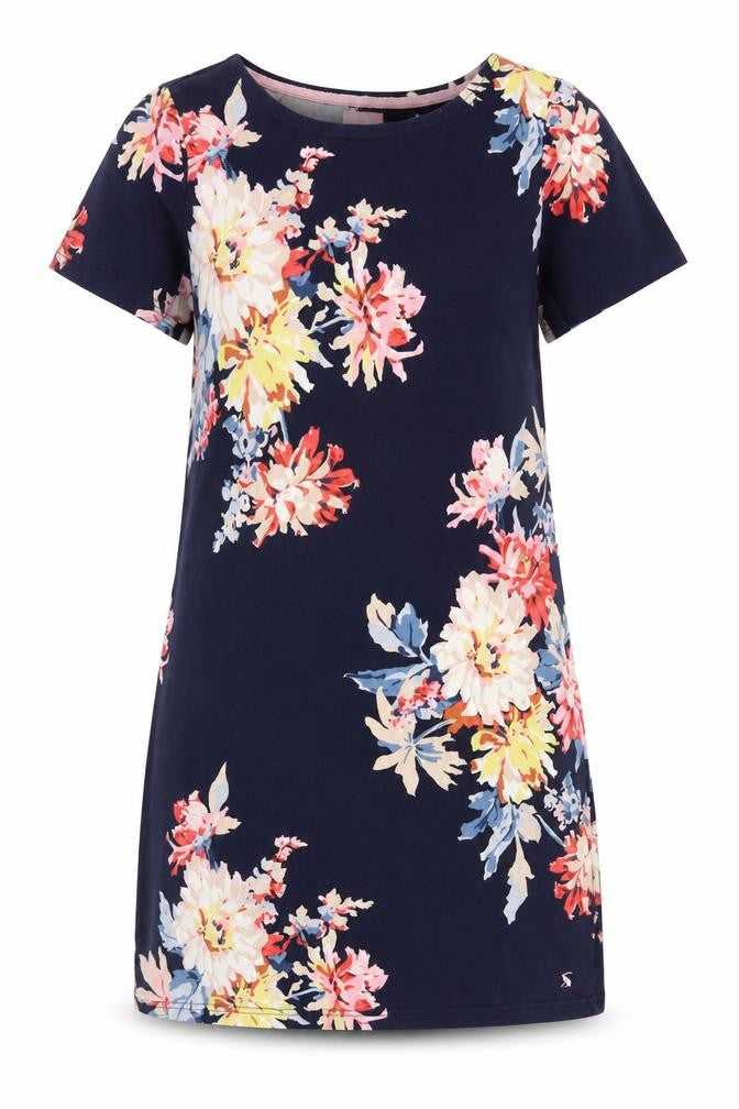 Joules Women’s Blue Floral Cotton Jersey Shift Dress UK 14 Knee Length