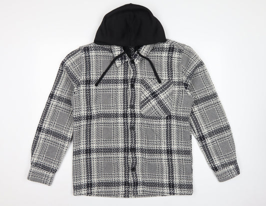 Back view of Easy 1973 men’s grey check hooded shacket jacket, size S