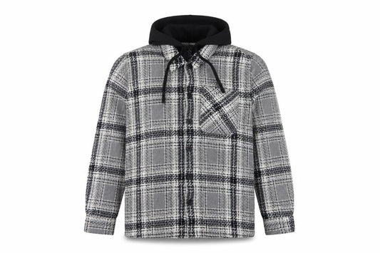 Front view of Easy 1973 men’s grey check hooded shacket jacket, size S