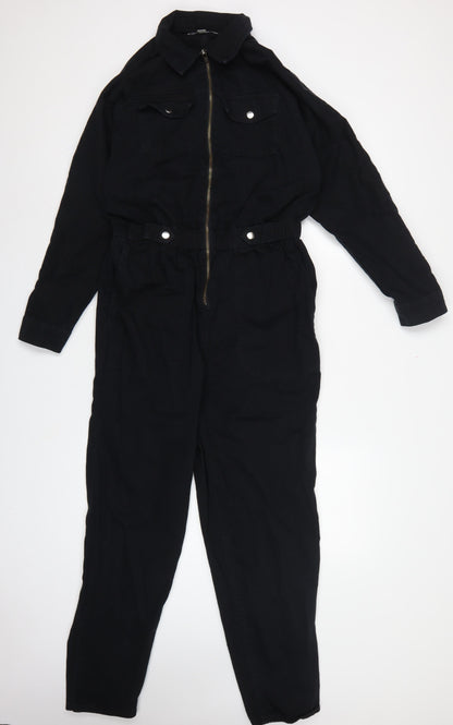 New Look Denim Women Black UK 14 Long Sleeve Zip Utility Jumpsuit