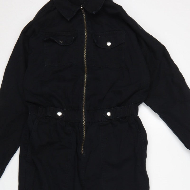 New Look Denim Women Black UK 14 Long Sleeve Zip Utility Jumpsuit