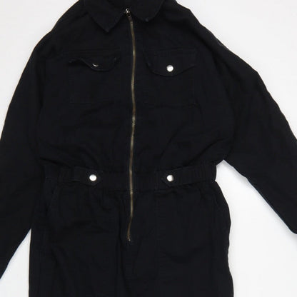 New Look Denim Women Black UK 14 Long Sleeve Zip Utility Jumpsuit