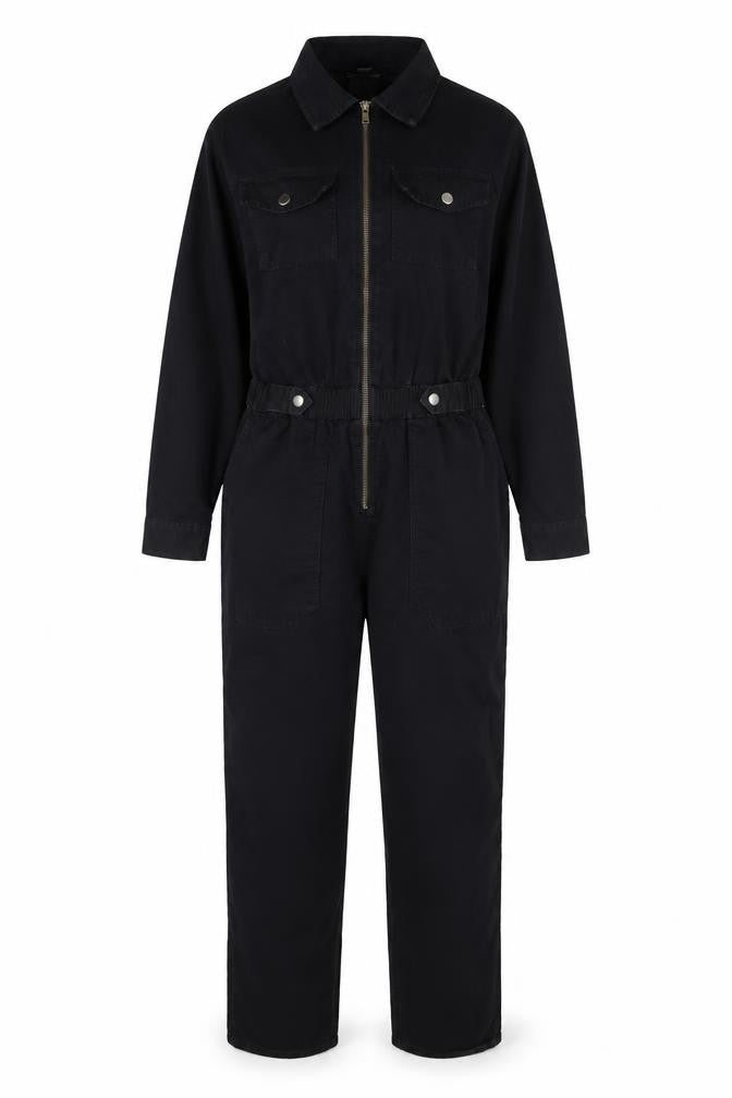 New Look Denim Women Black UK 14 Long Sleeve Zip Utility Jumpsuit