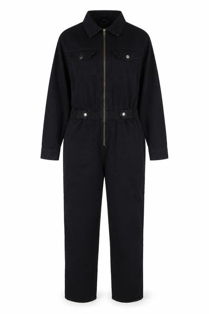New Look Denim Women Black UK 14 Long Sleeve Zip Utility Jumpsuit