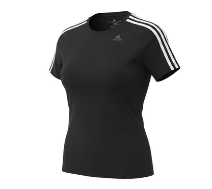 Prewornwholesale Adidas women's black Climalite athletic t-shirt with white three-stripe shoulder detailing.