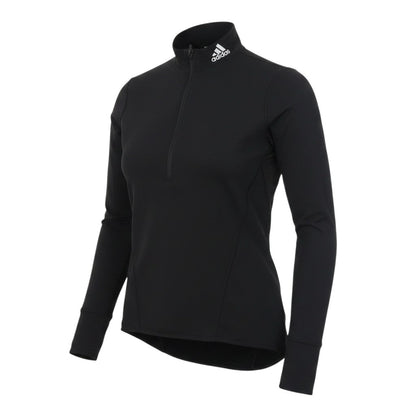 Prewornwholesale adidas women's black long sleeve cycling top with a 1/4 zip mock neck and athletic fit.