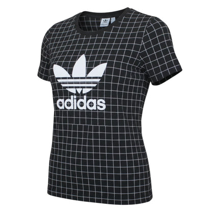 Prewornwholesale Adidas women's black cotton crew neck T-shirt featuring a white grid pattern and Trefoil logo