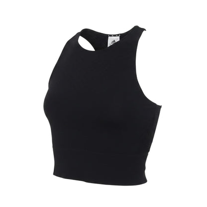 Prewornwholesale Adidas women's black high-neck racerback cropped tank top with moisture-wicking athletic fabric.