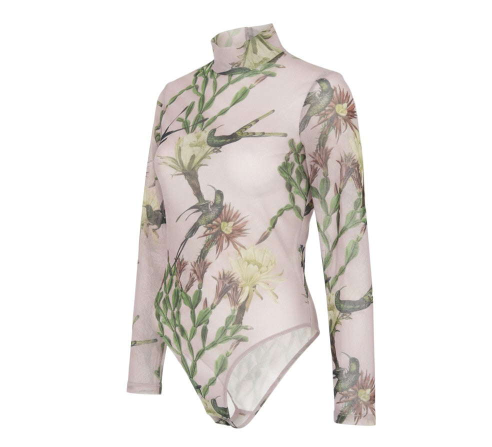 AllSaints Women Pink Floral Bird Mesh Bodysuit UK 12 Long Sleeve