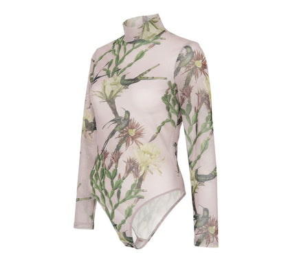 AllSaints Women Pink Floral Bird Mesh Bodysuit UK 12 Long Sleeve