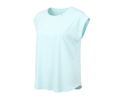 Prewornwholesale aqua blue sleeveless sports t-shirt with a crew neckline in breathable performance jersey fabric.