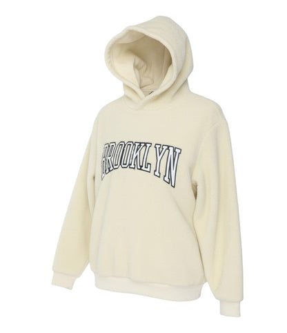 Brave Soul Women Beige Hooded Pullover Sweatshirt - Brooklyn Print Size M