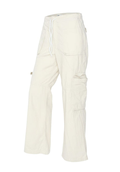 Prewornwholesale beige wide-leg cargo trousers in cotton with an elasticated waist and utility pockets.
