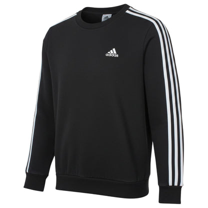 Prewornwholesale black Adidas crew neck sweatshirt with white three-stripe sleeve detailing and embroidered logo.