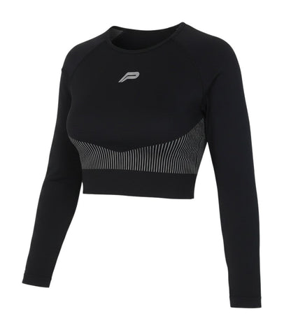 Prewornwholesale black long sleeve cropped athletic top with raglan sleeves and subtle ribbed detailing