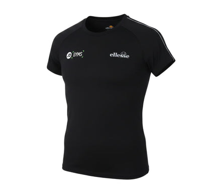 Prewornwholesale black Ellesse athletic t-shirt with JD Gyms branding, featuring a crew neck and short sleeves.