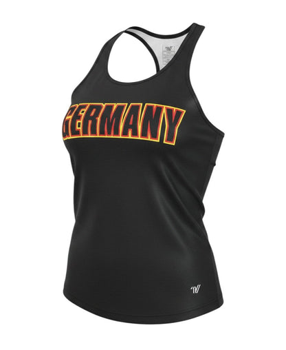 Prewornwholesale black racerback tank top with Germany graphic in red and yellow, made of breathable mesh polyester.