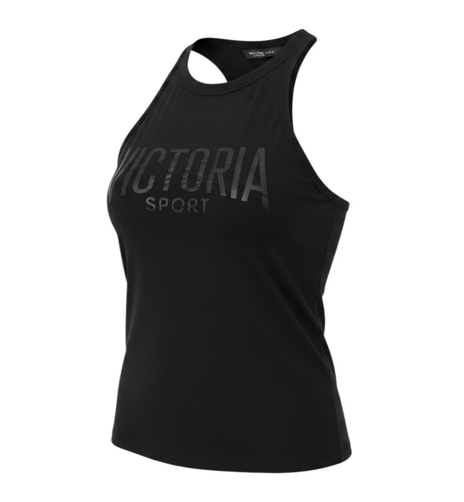 Prewornwholesale black Victoria Sport halter tank top with athletic fit and sleeveless design