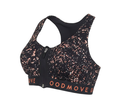Prewornwholesale black and peach paint splatter print sports bra with front zip closure and branded elastic hem