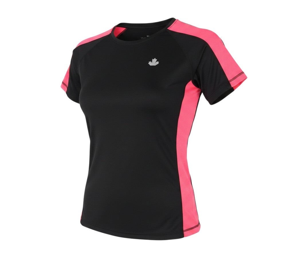 Prewornwholesale women's black and pink colourblock gym top with short raglan sleeves and breathable polyester fabric.