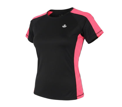 Prewornwholesale women's black and pink colourblock gym top with short raglan sleeves and breathable polyester fabric.