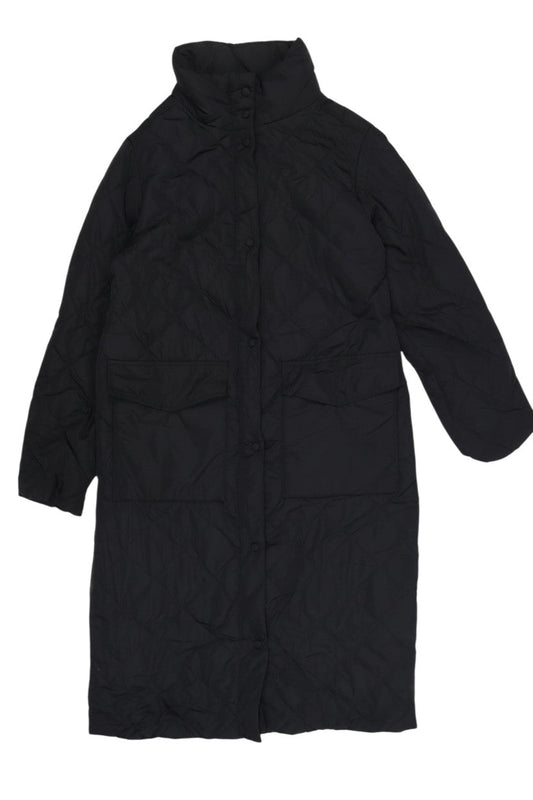 Prewornwholesale black quilted long coat with a high stand collar, snap button closure, and two front pockets.