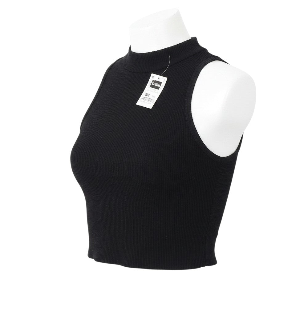 Prewornwholesale black ribbed cropped tank top with a round neck on a mannequin