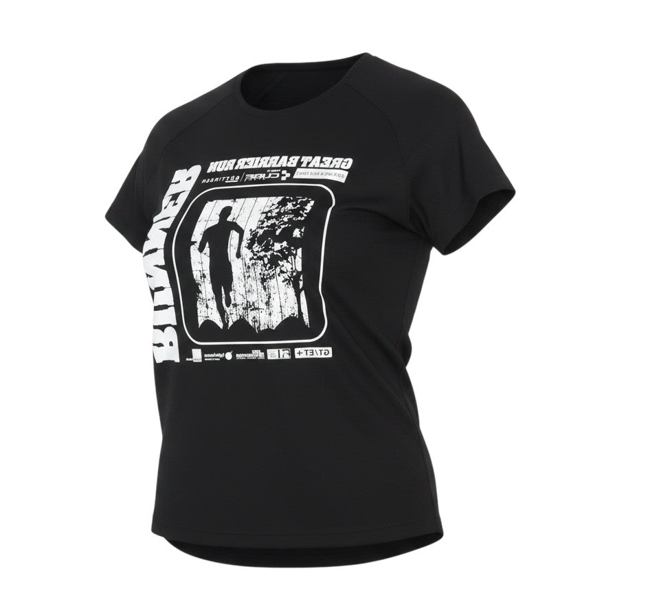 Prewornwholesale women's black polyester running t-shirt with white graphic print, crew neck, and raglan sleeves.