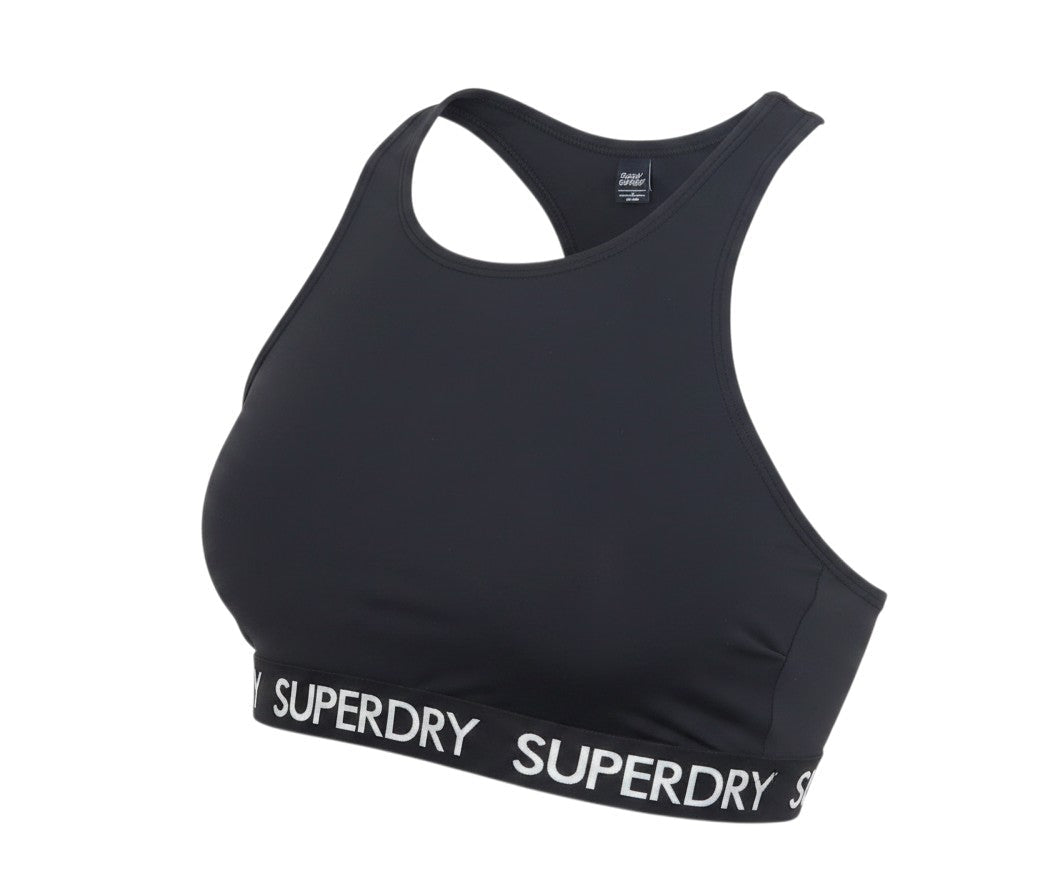 Prewornwholesale black Superdry racerback crop top with branded elasticized hem for athletic performance