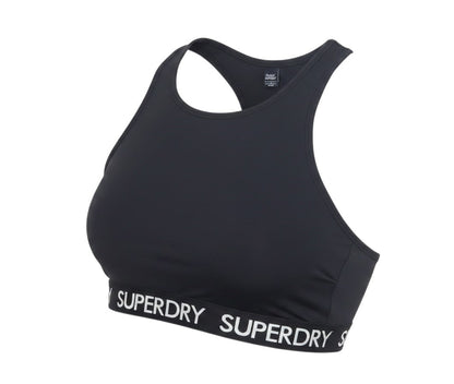Prewornwholesale black Superdry racerback crop top with branded elasticized hem for athletic performance