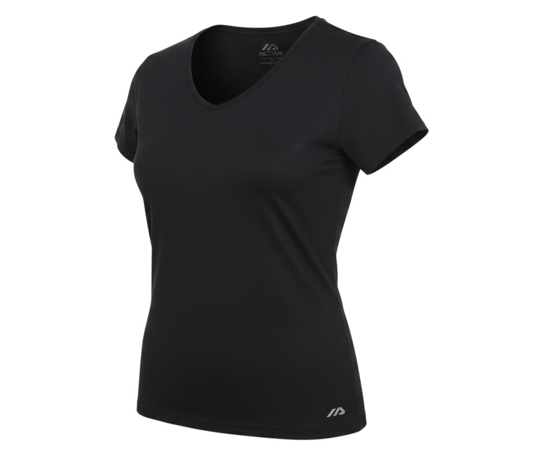 Prewornwholesale black V-neck activewear T-shirt for women in a lightweight polyester blend with short sleeves.
