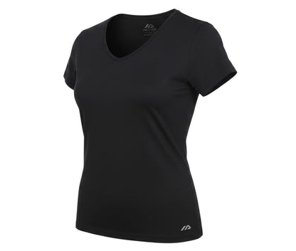 Prewornwholesale black V-neck activewear T-shirt for women in a lightweight polyester blend with short sleeves.