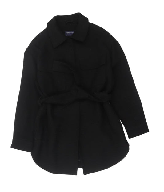 Prewornwholesale black wool blend belted overcoat with a collared neckline and front pockets for women.