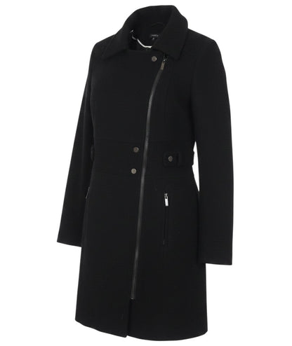 Prewornwholesale black wool blend long coat for women featuring a full-zip front, collar, and tailored silhouette.