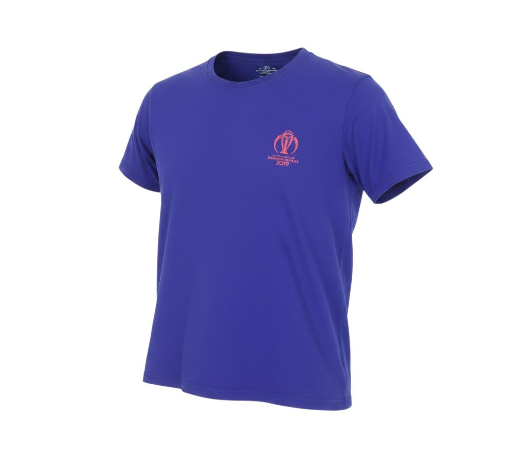 Prewornwholesale blue cricket T-shirt with ICC World Cup 2019 England and Wales logo, cotton blend crew neck top.