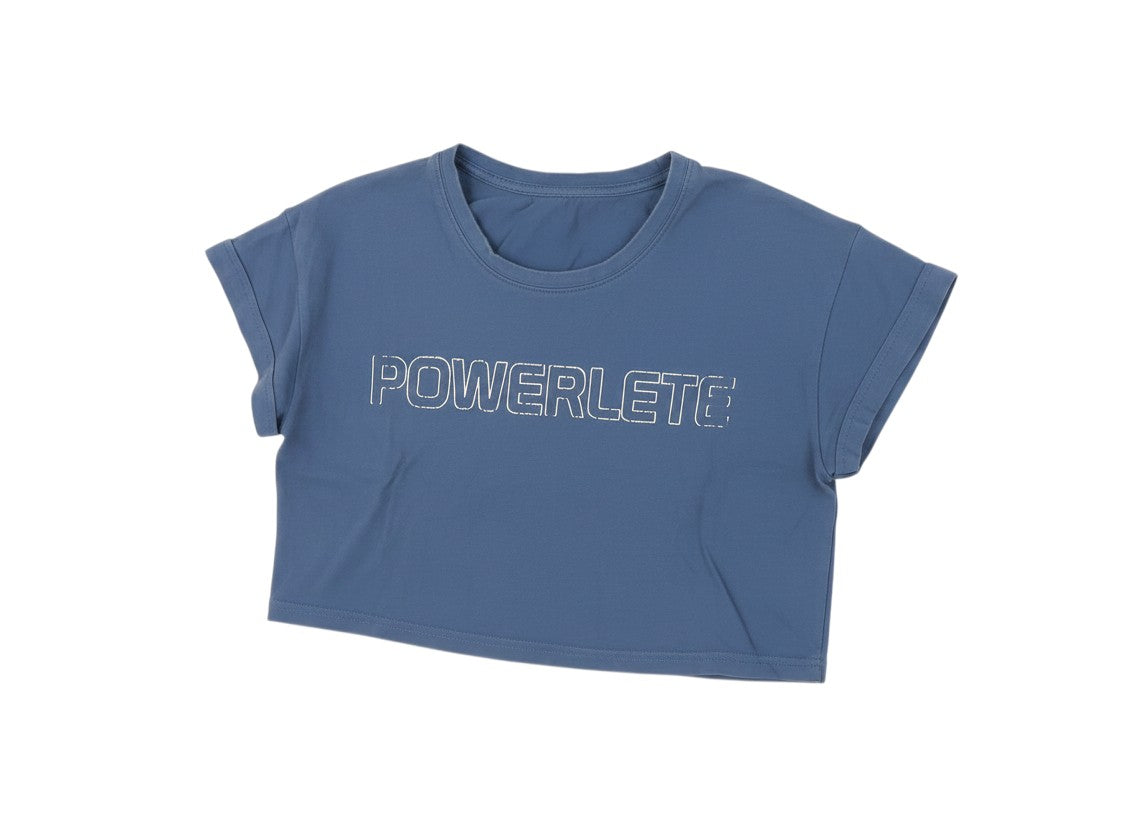 Prewornwholesale blue cotton cropped t-shirt with crew neck and Powerlete logo print for gym and activewear