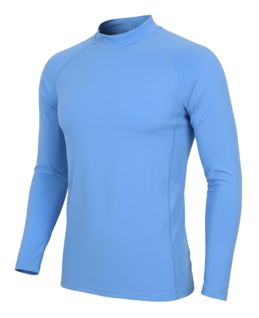 Prewornwholesale blue long sleeve performance top with a mock neck, made from stretchy, breathable athletic fabric.