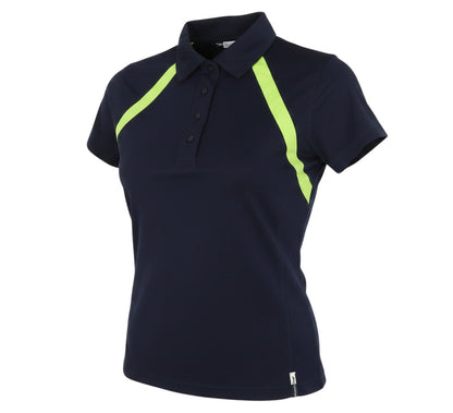 Prewornwholesale blue and neon yellow activewear polo shirt with a collared neckline and short sleeves