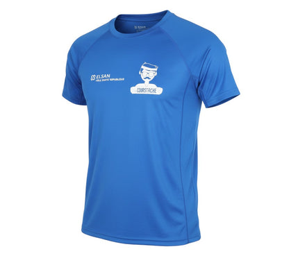 Prewornwholesale blue quick-dry polyester running t-shirt with crew neck and white graphic print