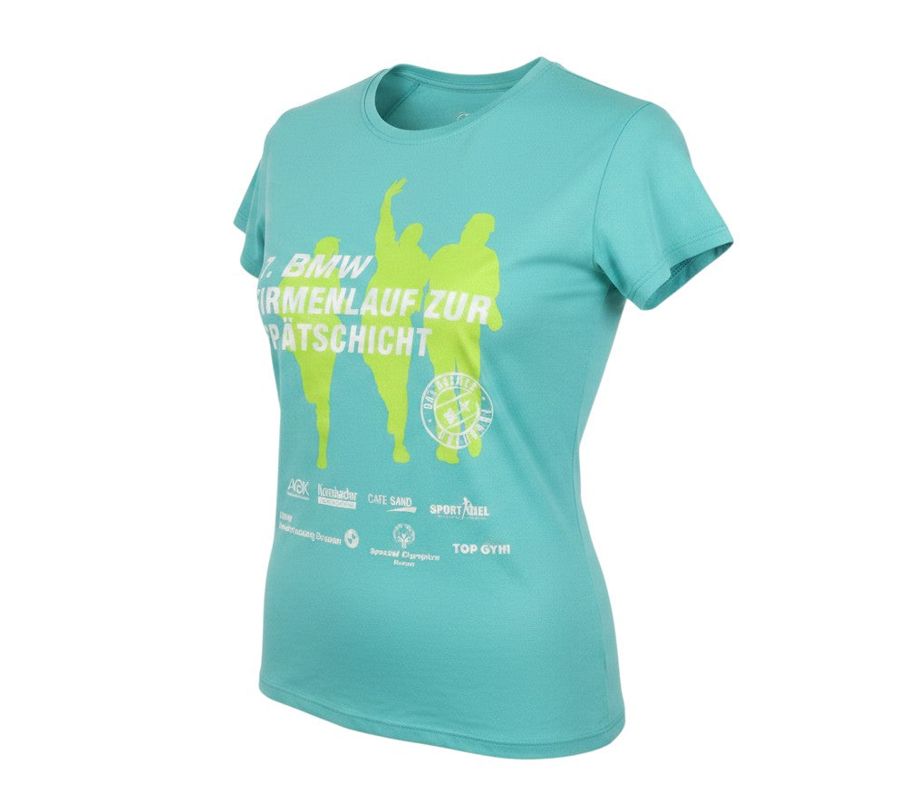 Prewornwholesale blue polyester running T-shirt with lime green graphic print and crew neck for active women