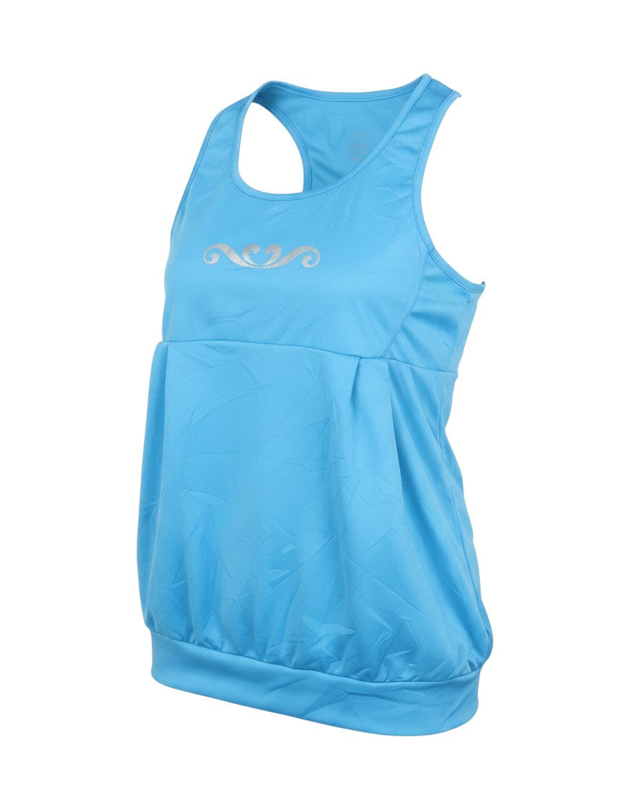 Prewornwholesale blue racerback tank top with silver swirl graphic detail, sleeveless polyester activewear for women