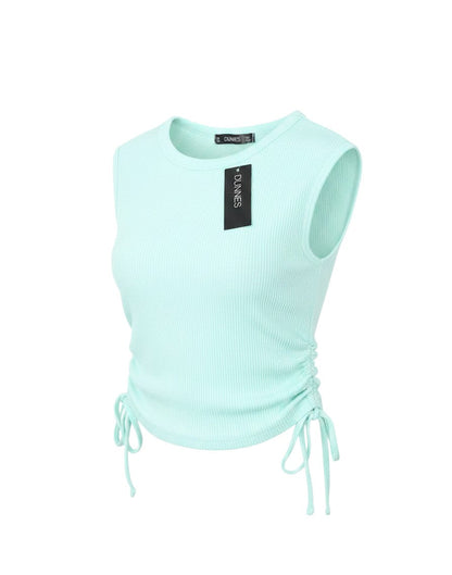 Prewornwholesale Dunnes Stores light blue ribbed tank top with round neck and adjustable ruched sides