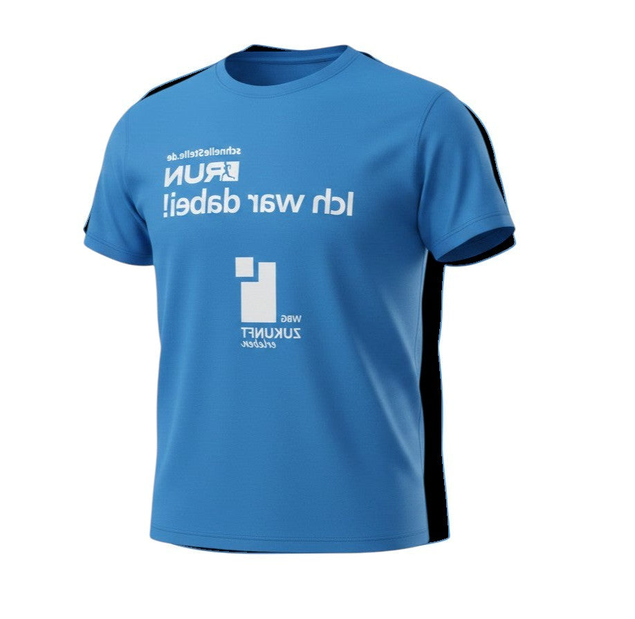 Prewornwholesale blue polyester running t-shirt with white event graphic print and crew neck design