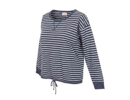Prewornwholesale blue and white striped cotton blend pullover sweatshirt with crew neck and drawstring hem