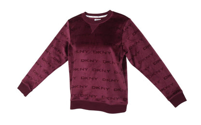 Prewornwholesale burgundy velour pullover sweatshirt with all-over DKNY logo print, crew neck, and ribbed cuffs.
