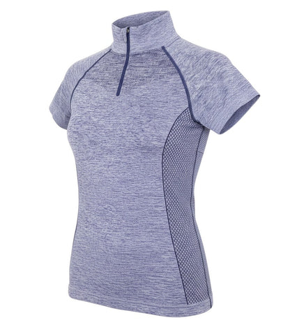 Prewornwholesale Crane women's heathered blue short sleeve athletic top with a quarter zip and mesh side panels.