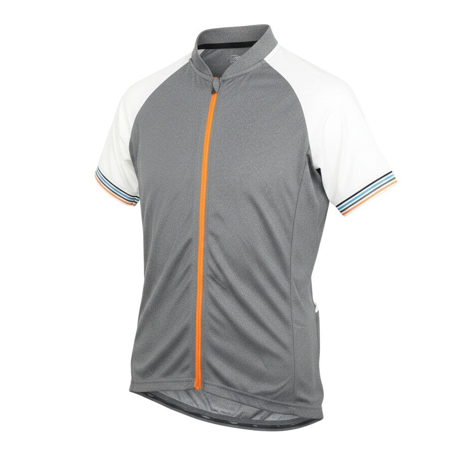 Prewornwholesale Crane women's grey and white colourblock cycling jersey with a bright orange full-length front zip