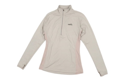 Prewornwholesale Ellesse beige long sleeve quarter-zip activewear top with blush side panels and thumbhole cuffs.