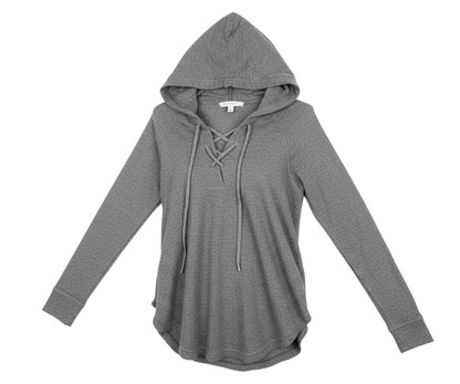 Prewornwholesale GAP grey marled knit long sleeve hoodie with a lace-up front neckline and ribbed cuffs.