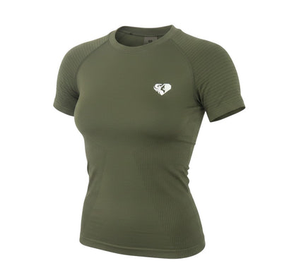 Prewornwholesale green athletic t-shirt with crew neck, short raglan sleeves, and logo detail for gym workouts.